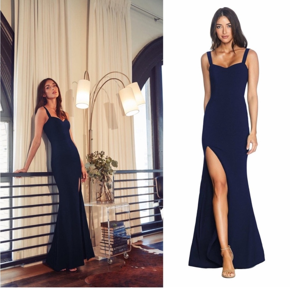 Dress The Population Estella Sweetheart Neck Slit Gown Dress Navy Blue sz XS NWT